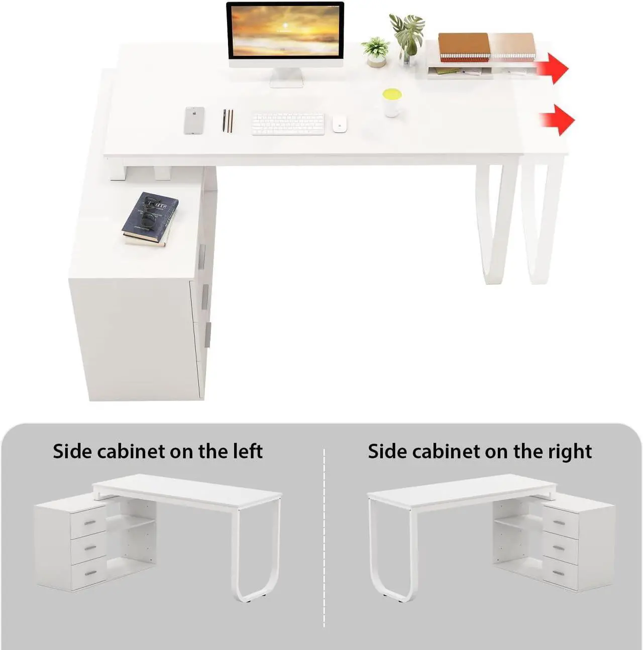 Alt view image 4 of 7 - Home Office Computer L-Shaped Desk Corner Desk with 3 Drawers & 2 Shelves, 55 Inch Large Study Writing Table with Storage Cabinet (White)
