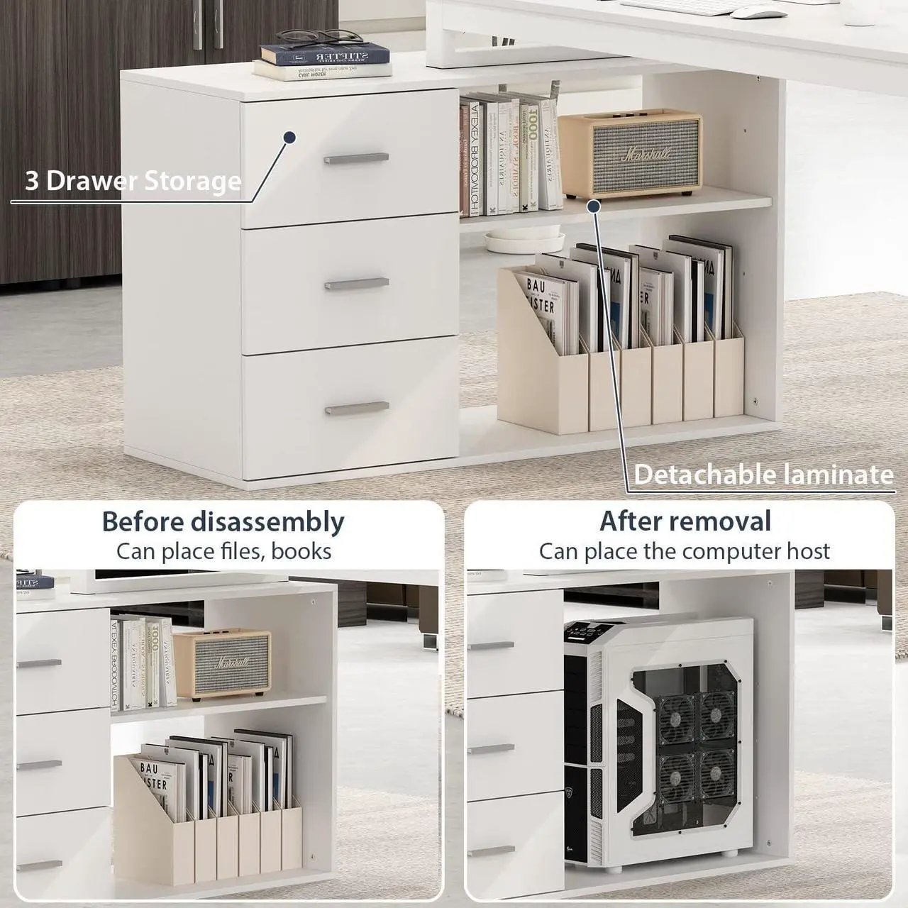 Alt view image 6 of 7 - Home Office Computer L-Shaped Desk Corner Desk with 3 Drawers & 2 Shelves, 55 Inch Large Study Writing Table with Storage Cabinet (White)