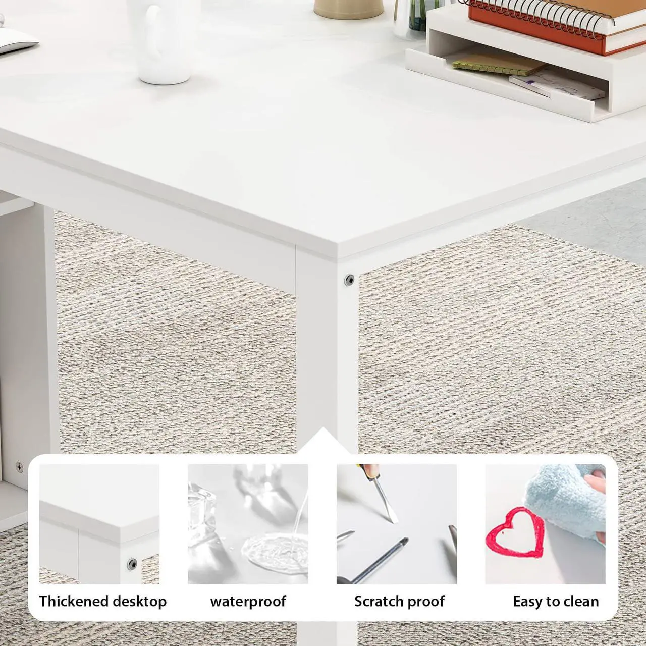 Alt view image 7 of 7 - Home Office Computer L-Shaped Desk Corner Desk with 3 Drawers & 2 Shelves, 55 Inch Large Study Writing Table with Storage Cabinet (White)