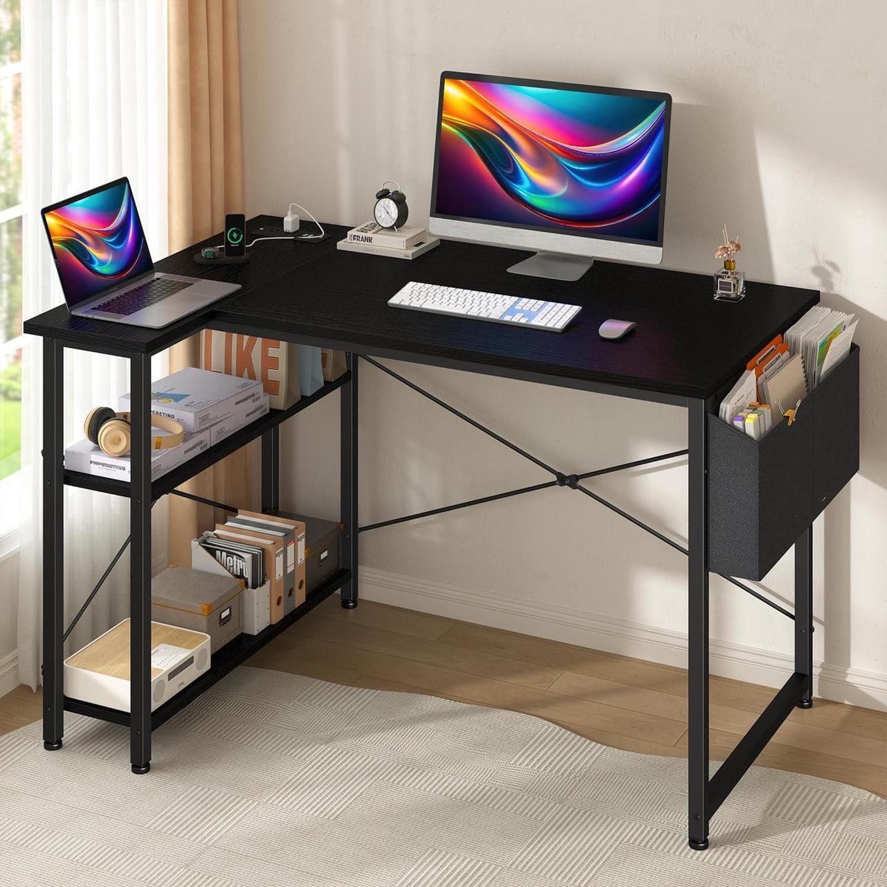 Alt view image 2 of 7 - EnHomee L Shaped Computer Desk with File Drawer & Power Outlet, 39 Inch Home Office Desk Corner Desk for Small Space, Bedroom Work, Black