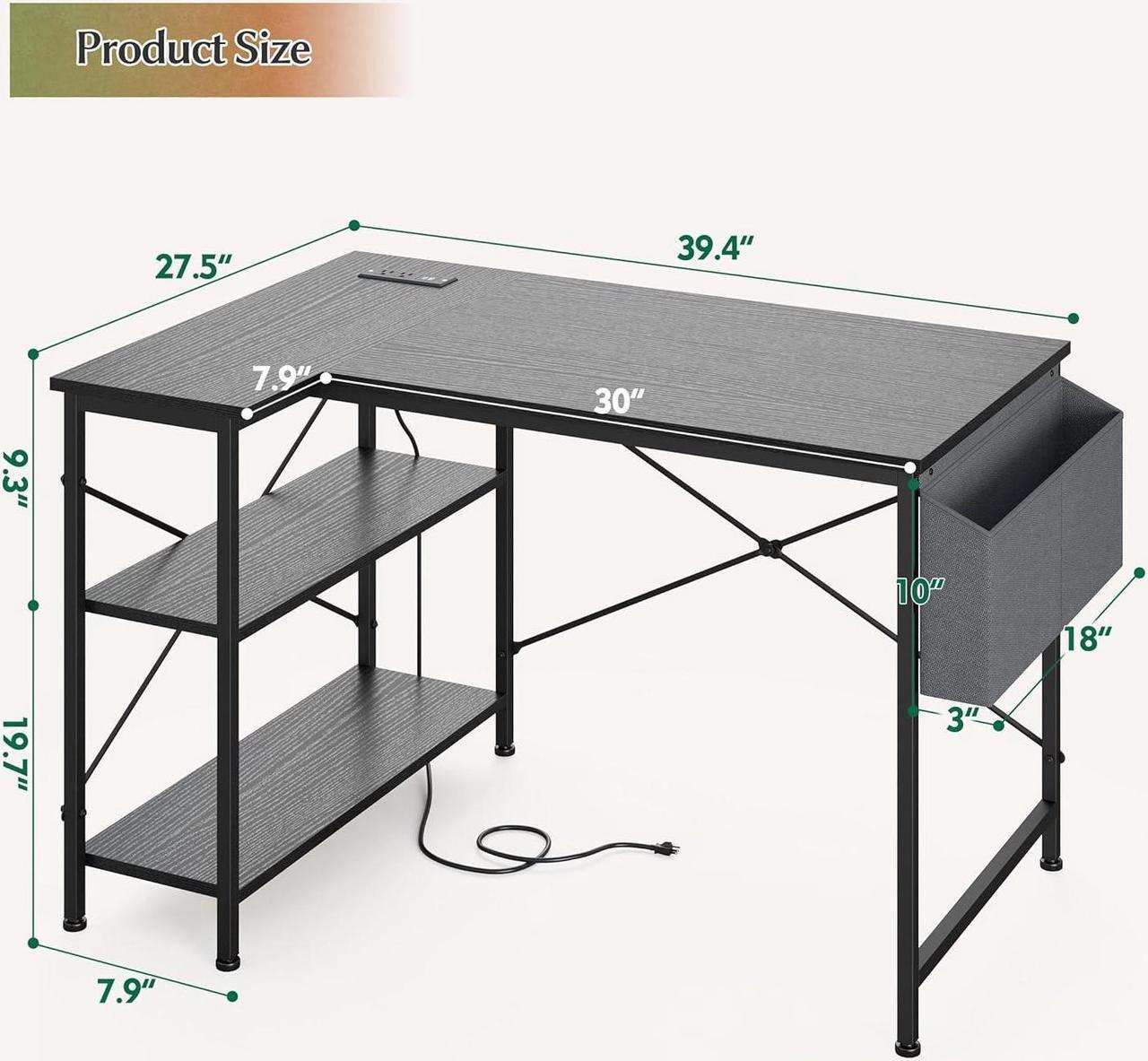 Alt view image 3 of 7 - EnHomee L Shaped Computer Desk with File Drawer & Power Outlet, 39 Inch Home Office Desk Corner Desk for Small Space, Bedroom Work, Black