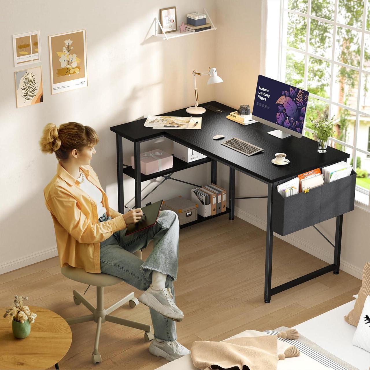 Alt view image 4 of 7 - EnHomee L Shaped Computer Desk with File Drawer & Power Outlet, 39 Inch Home Office Desk Corner Desk for Small Space, Bedroom Work, Black