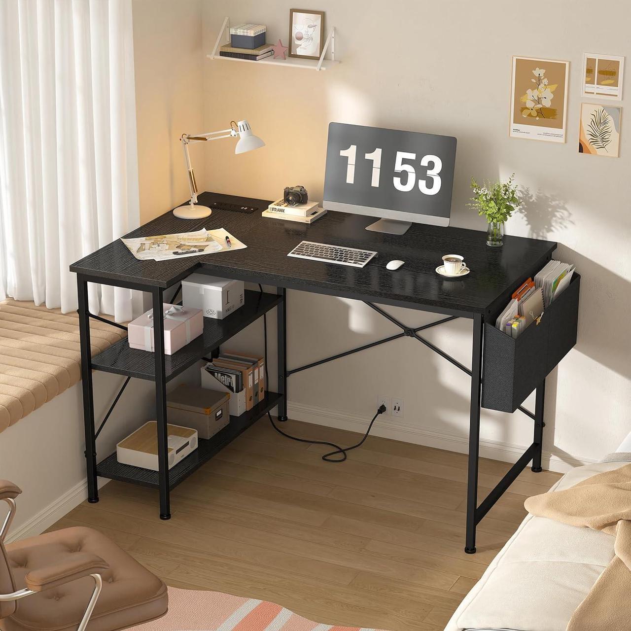 Alt view image 7 of 7 - EnHomee L Shaped Computer Desk with File Drawer & Power Outlet, 39 Inch Home Office Desk Corner Desk for Small Space, Bedroom Work, Black