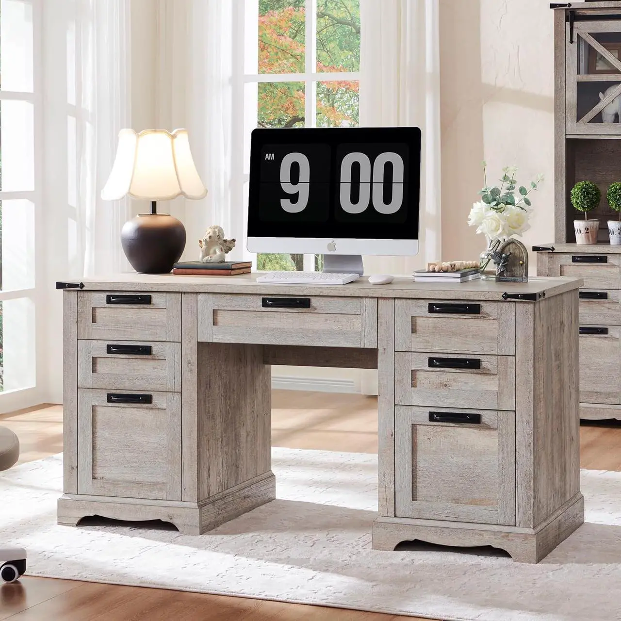 Main image of RedLemon 60" Farmhouse Executive Desk with Drawers, Wood Home Office Desk w/Charging Station, Keyboard Tray, File Drawer, Storage Cabinet, Rustic Computer Writing Desk (Light Rustic Oak)