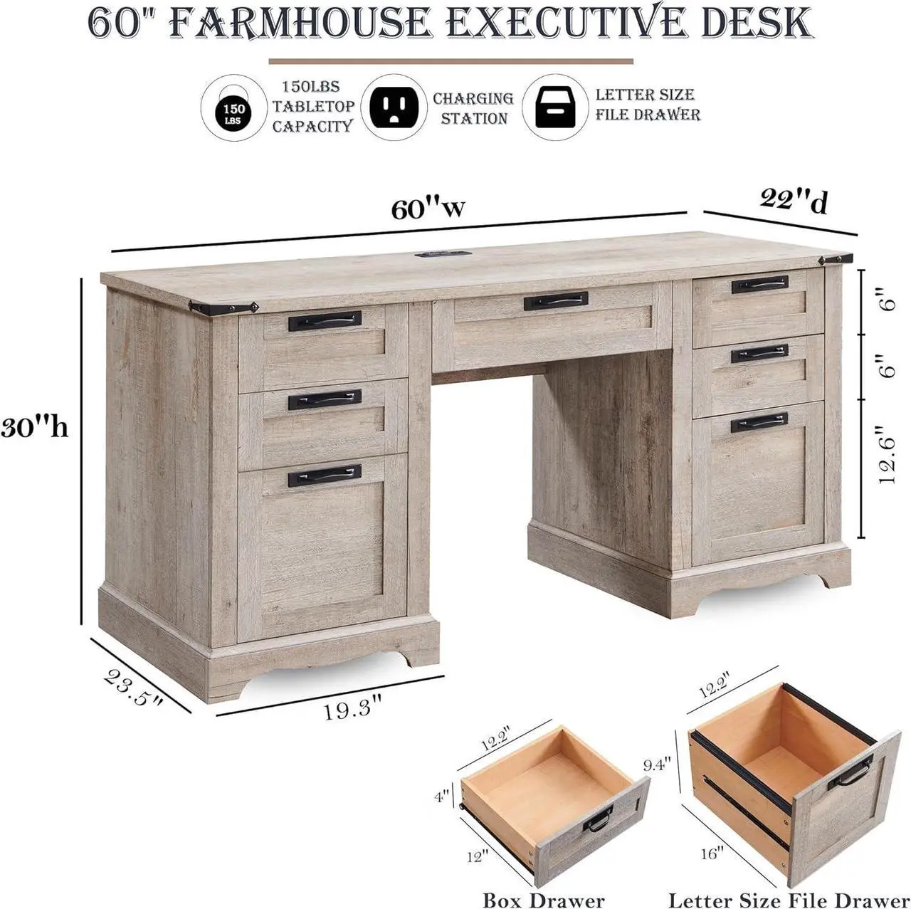 Alt view image 2 of 6 - RedLemon 60" Farmhouse Executive Desk with Drawers, Wood Home Office Desk w/Charging Station, Keyboard Tray, File Drawer, Storage Cabinet, Rustic Computer Writing Desk (Light Rustic Oak)