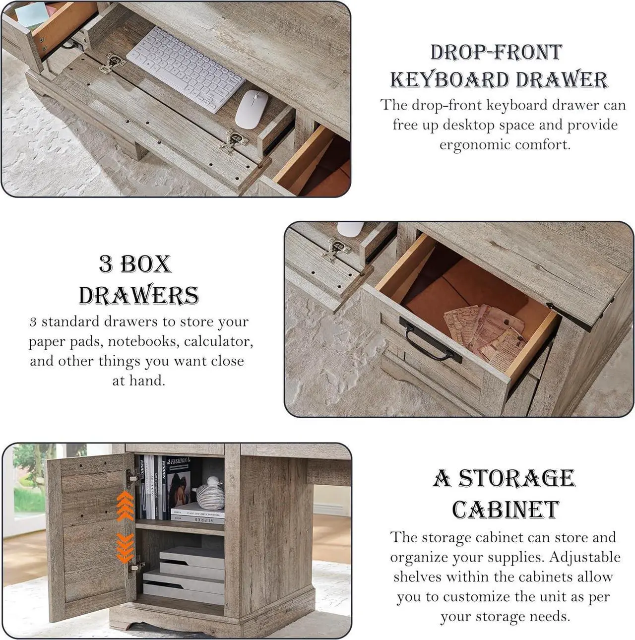 Alt view image 5 of 6 - RedLemon 60" Farmhouse Executive Desk with Drawers, Wood Home Office Desk w/Charging Station, Keyboard Tray, File Drawer, Storage Cabinet, Rustic Computer Writing Desk (Light Rustic Oak)