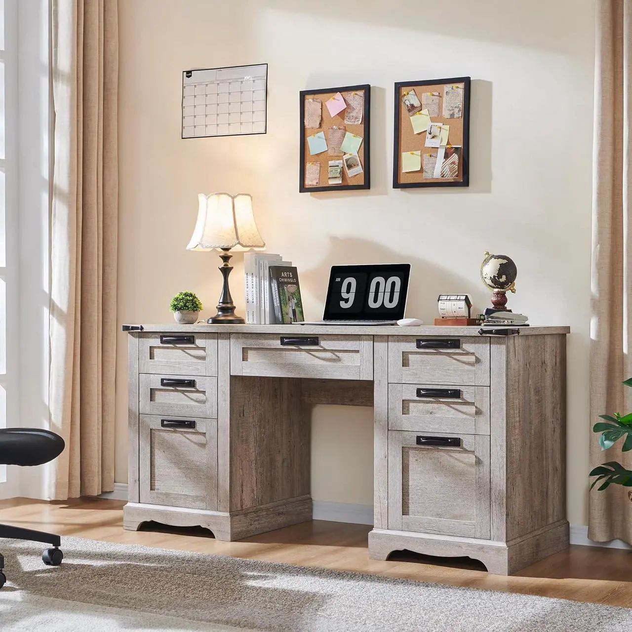Alt view image 6 of 6 - RedLemon 60" Farmhouse Executive Desk with Drawers, Wood Home Office Desk w/Charging Station, Keyboard Tray, File Drawer, Storage Cabinet, Rustic Computer Writing Desk (Light Rustic Oak)