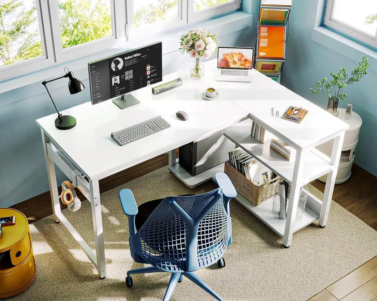 Alt view image 2 of 7 - Casaottima L Shaped Computer Desk, 40 Inch Small Corner Desk with Storage Shelves & PC Stand, Reversible Gaming Desk for Bedroom, Modern Writing Study Table for Home Office, White