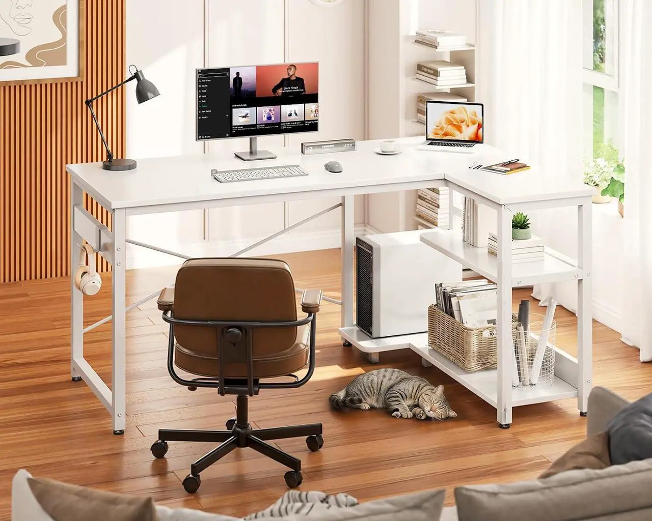 Alt view image 6 of 7 - Casaottima L Shaped Computer Desk, 40 Inch Small Corner Desk with Storage Shelves & PC Stand, Reversible Gaming Desk for Bedroom, Modern Writing Study Table for Home Office, White