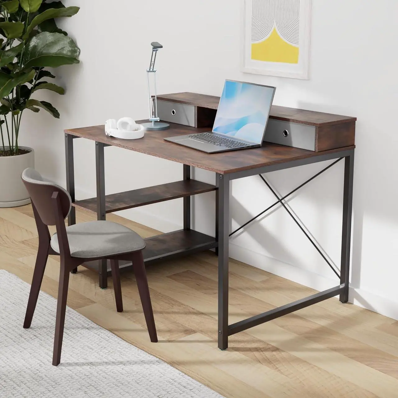 Alt view image 2 of 7 - TOPSKY 47x 31.5 Computer Desk with Drawers, Monitor Stand, Storage Shelf, 3-Port Charging Station (Rustic Brown)