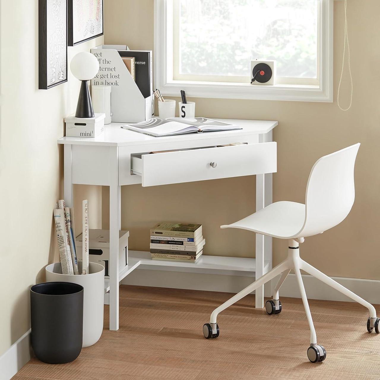 Main image of Haotian Corner Desk Triangle Desk with Drawer Triangle Computer Desk with Drawer and Ladder Shelf Home Office Writing Table Computer Workstation, White FWT31-W
