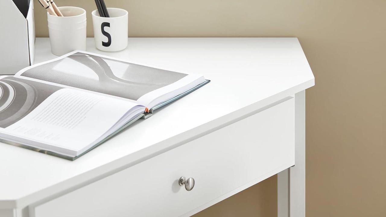 Alt view image 4 of 7 - Haotian Corner Desk Triangle Desk with Drawer Triangle Computer Desk with Drawer and Ladder Shelf Home Office Writing Table Computer Workstation, White FWT31-W