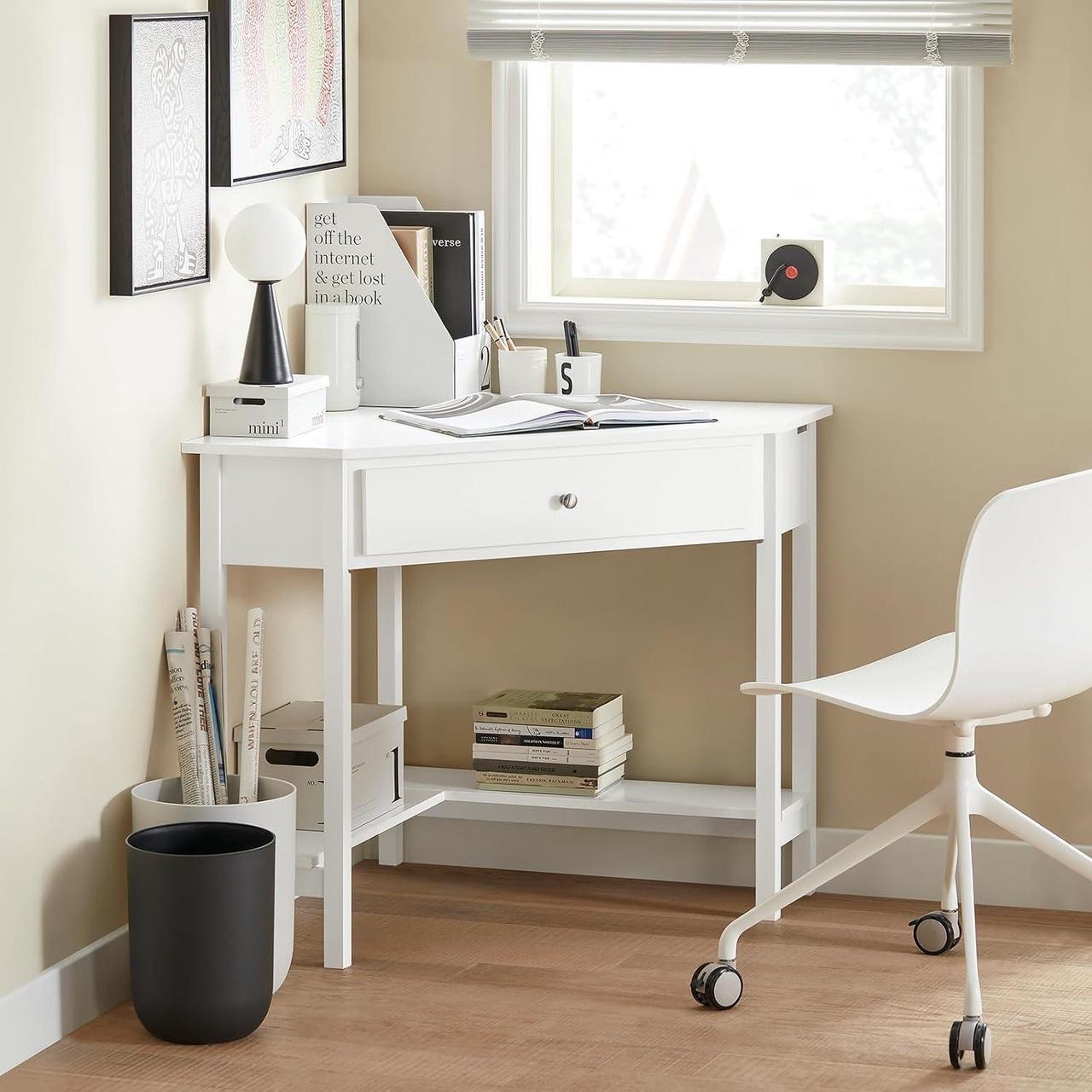 Alt view image 3 of 7 - Haotian Corner Desk Triangle Desk with Drawer Triangle Computer Desk with Drawer and Ladder Shelf Home Office Writing Table Computer Workstation, White FWT31-W