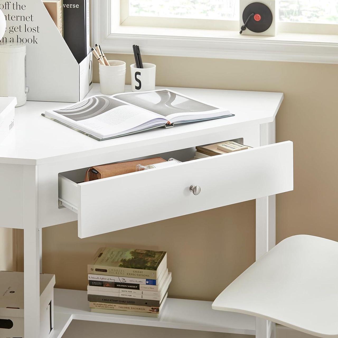 Alt view image 5 of 7 - Haotian Corner Desk Triangle Desk with Drawer Triangle Computer Desk with Drawer and Ladder Shelf Home Office Writing Table Computer Workstation, White FWT31-W