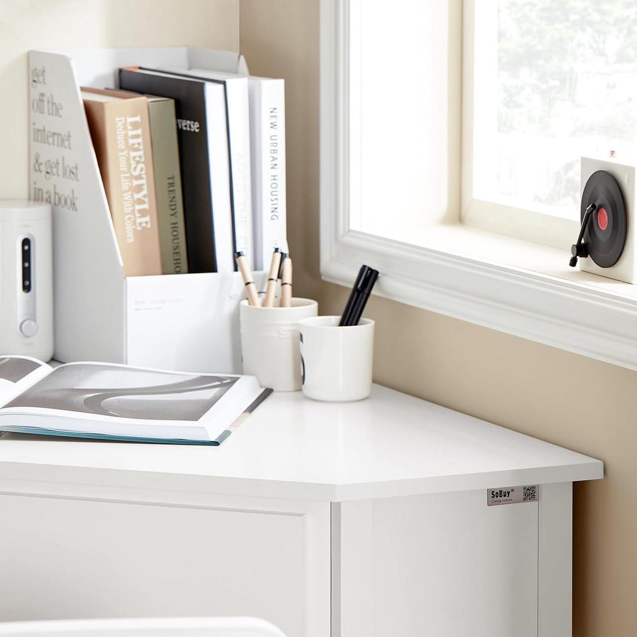 Alt view image 6 of 7 - Haotian Corner Desk Triangle Desk with Drawer Triangle Computer Desk with Drawer and Ladder Shelf Home Office Writing Table Computer Workstation, White FWT31-W