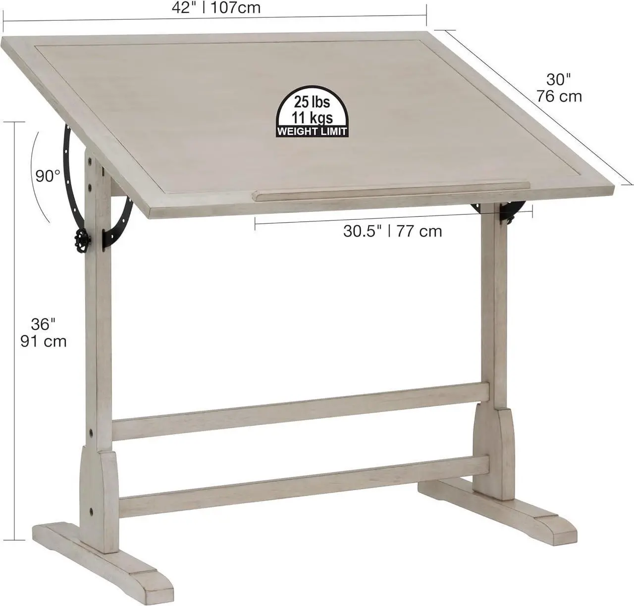 Alt view image 3 of 3 - Studio Designs Wood Drawing/Drafting Table with Pencil Ledge - 42" W x 30" D - Whitewash - Tilting Top Adjustable Desk