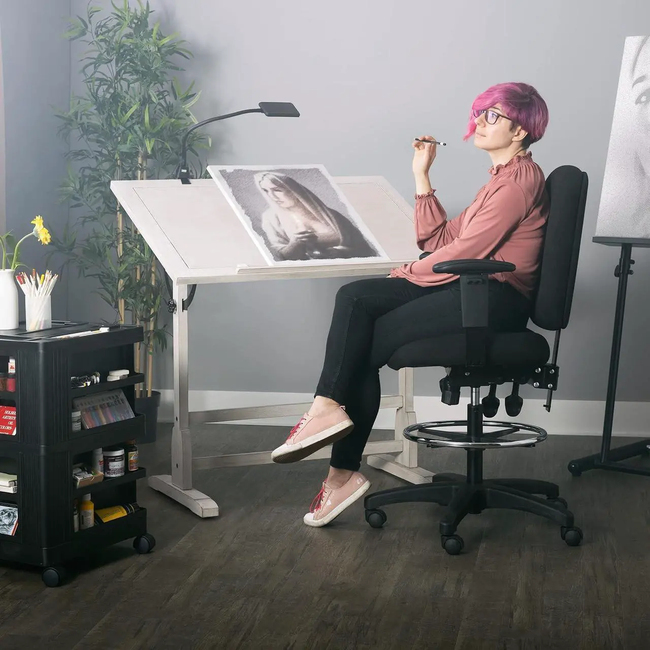 Alt view image 2 of 3 - Studio Designs Wood Drawing/Drafting Table with Pencil Ledge - 42" W x 30" D - Whitewash - Tilting Top Adjustable Desk