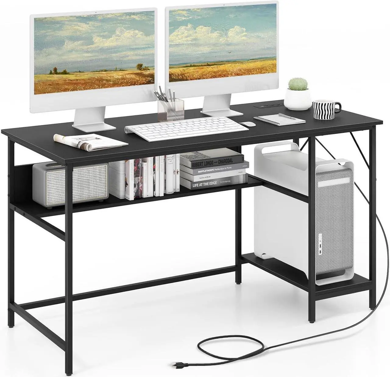Main image of Tangkula 55 Inch Computer Desk with 4 Power Outlets & 2 USB Ports, Home Office Desk with Built in Charging Station with Switch, Computer Workstation Writing Study Desk with Storage Shelf & CPU Stand