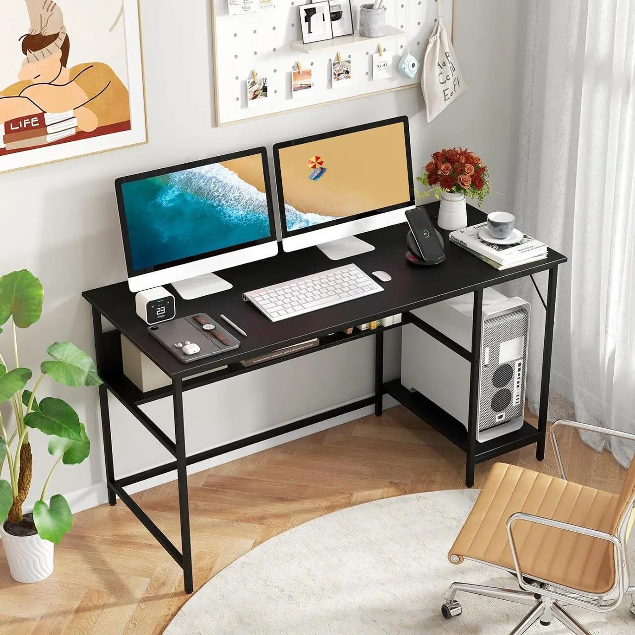 Alt view image 2 of 7 - Tangkula 55 Inch Computer Desk with 4 Power Outlets & 2 USB Ports, Home Office Desk with Built in Charging Station with Switch, Computer Workstation Writing Study Desk with Storage Shelf & CPU Stand