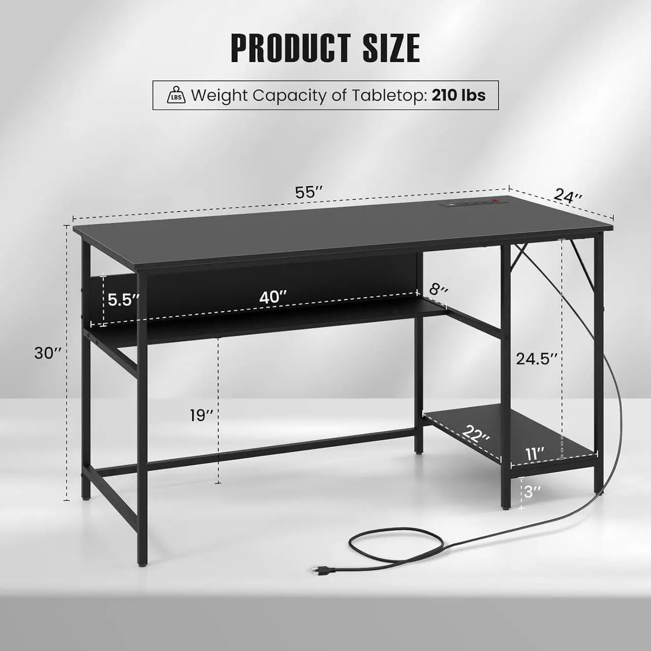 Alt view image 3 of 7 - Tangkula 55 Inch Computer Desk with 4 Power Outlets & 2 USB Ports, Home Office Desk with Built in Charging Station with Switch, Computer Workstation Writing Study Desk with Storage Shelf & CPU Stand