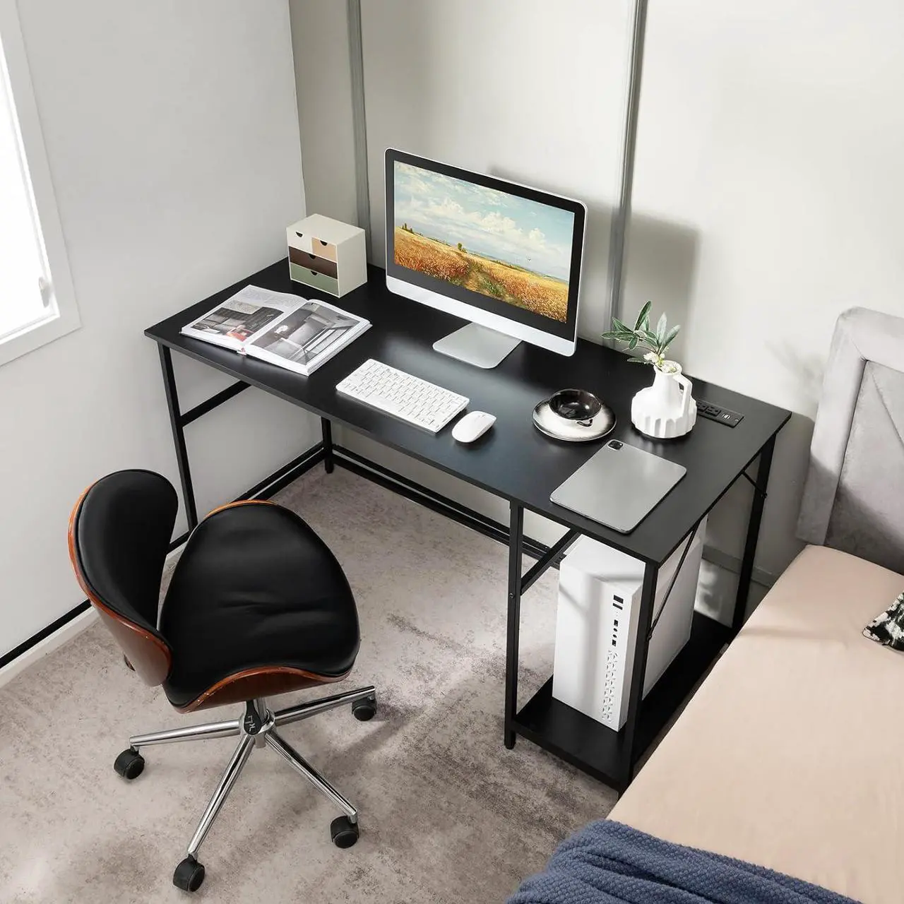 Alt view image 4 of 7 - Tangkula 55 Inch Computer Desk with 4 Power Outlets & 2 USB Ports, Home Office Desk with Built in Charging Station with Switch, Computer Workstation Writing Study Desk with Storage Shelf & CPU Stand