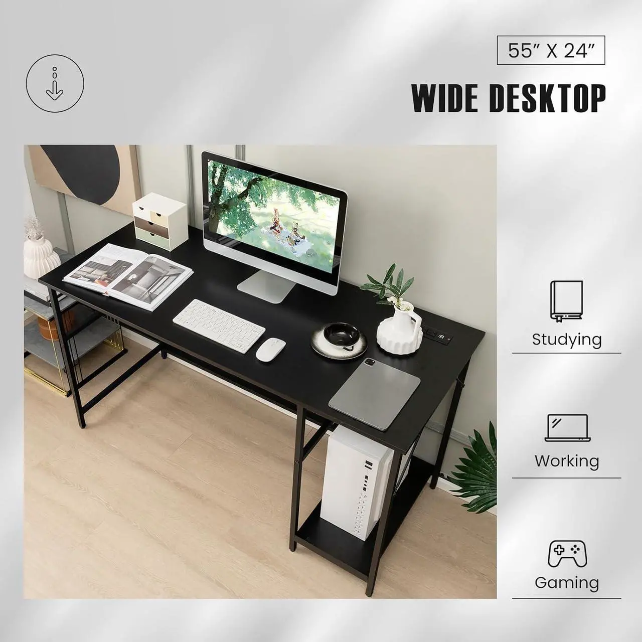 Alt view image 5 of 7 - Tangkula 55 Inch Computer Desk with 4 Power Outlets & 2 USB Ports, Home Office Desk with Built in Charging Station with Switch, Computer Workstation Writing Study Desk with Storage Shelf & CPU Stand