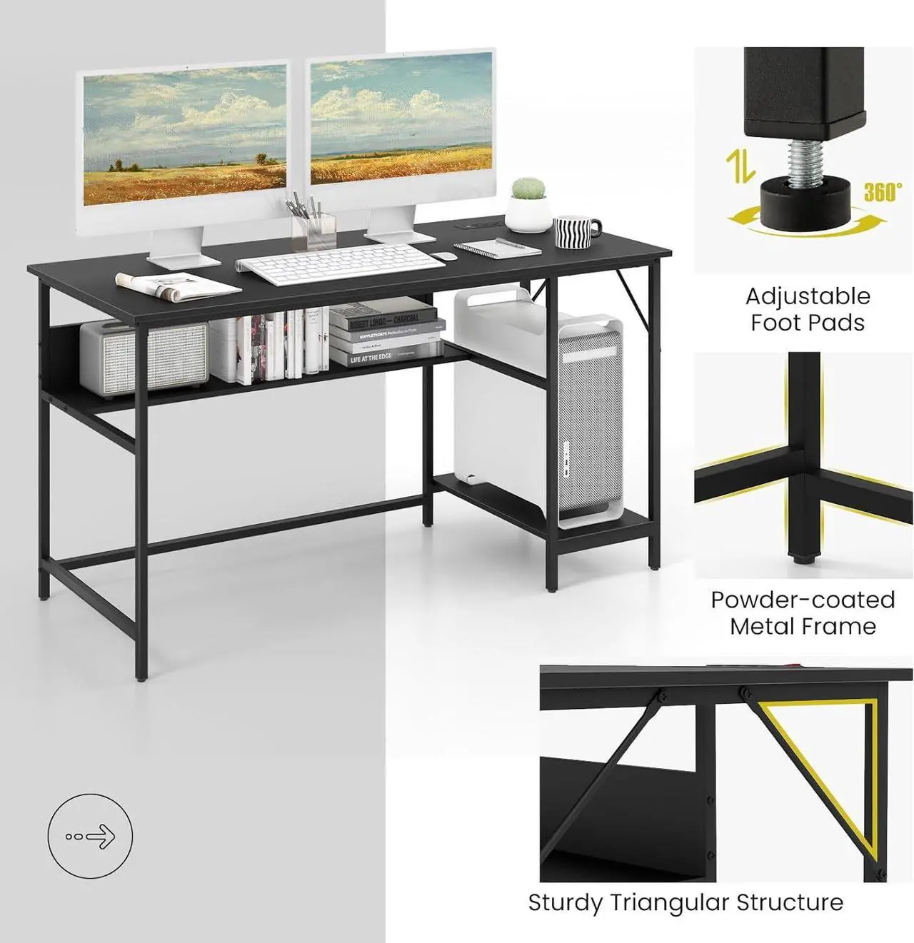 Alt view image 6 of 7 - Tangkula 55 Inch Computer Desk with 4 Power Outlets & 2 USB Ports, Home Office Desk with Built in Charging Station with Switch, Computer Workstation Writing Study Desk with Storage Shelf & CPU Stand