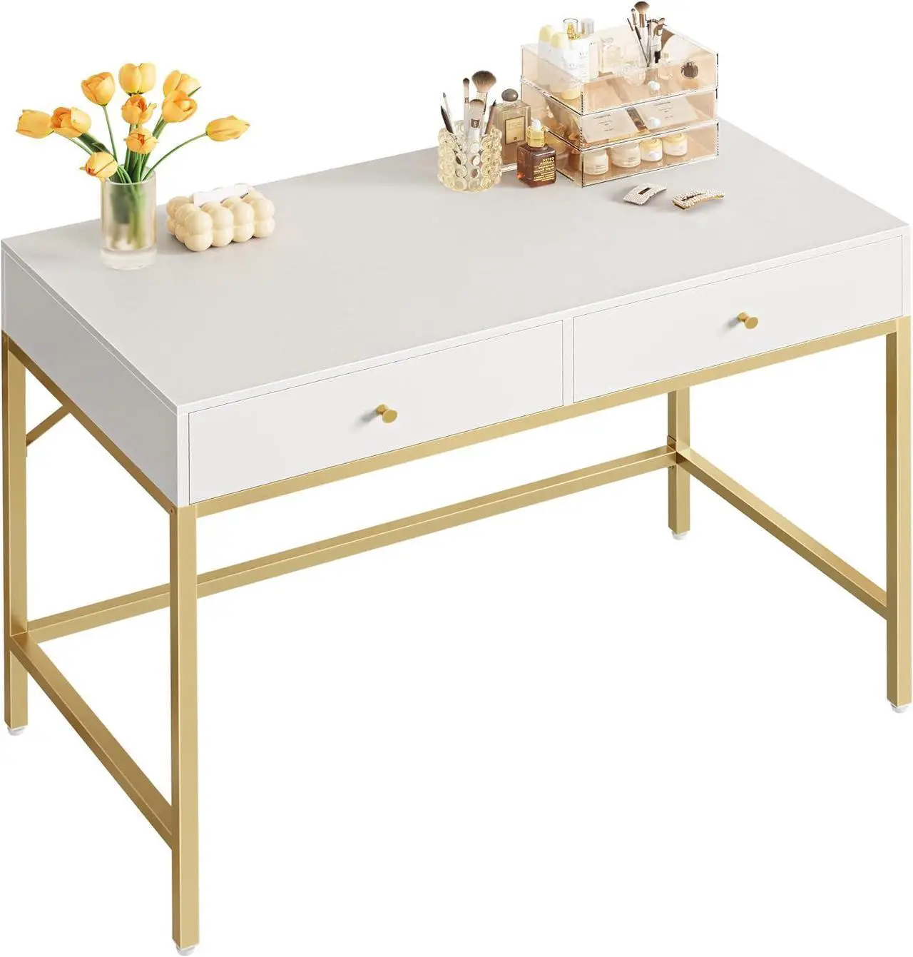 Main image of SUPERJARE 39.4" White and Gold Desk with 2 Drawers, Modern Makeup Vanity Desk, Small Computer Desk Home Office Desk for Writing Study Bedroom