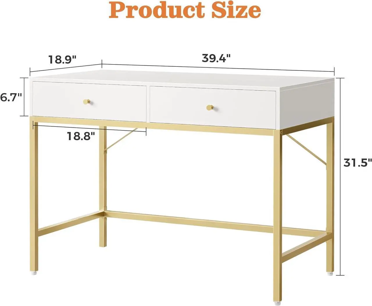 Alt view image 3 of 7 - SUPERJARE 39.4" White and Gold Desk with 2 Drawers, Modern Makeup Vanity Desk, Small Computer Desk Home Office Desk for Writing Study Bedroom