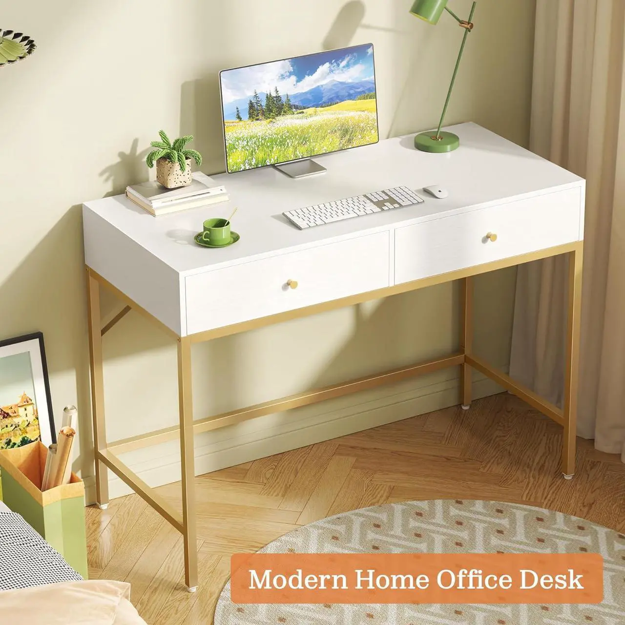 Alt view image 5 of 7 - SUPERJARE 39.4" White and Gold Desk with 2 Drawers, Modern Makeup Vanity Desk, Small Computer Desk Home Office Desk for Writing Study Bedroom
