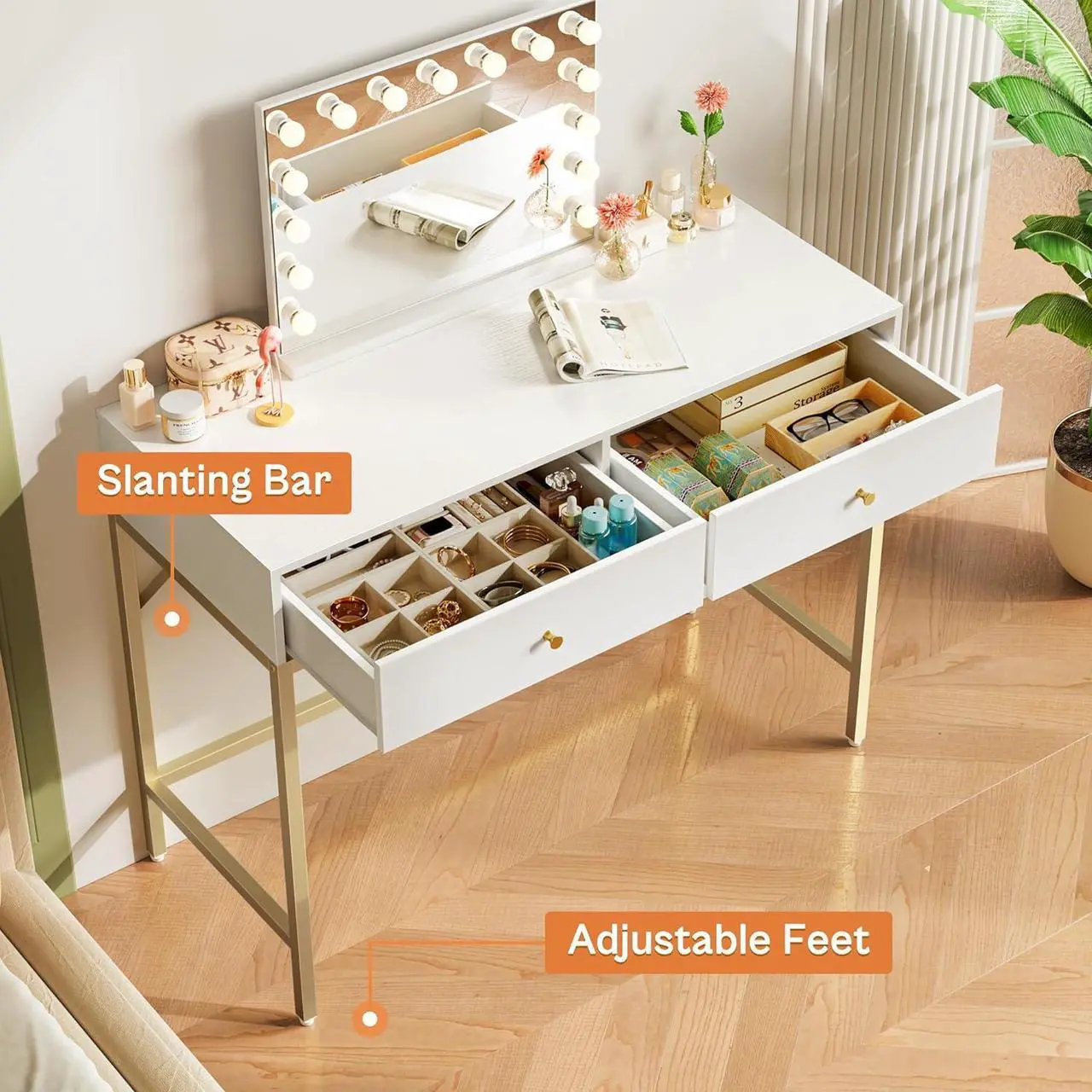 Alt view image 6 of 7 - SUPERJARE 39.4" White and Gold Desk with 2 Drawers, Modern Makeup Vanity Desk, Small Computer Desk Home Office Desk for Writing Study Bedroom