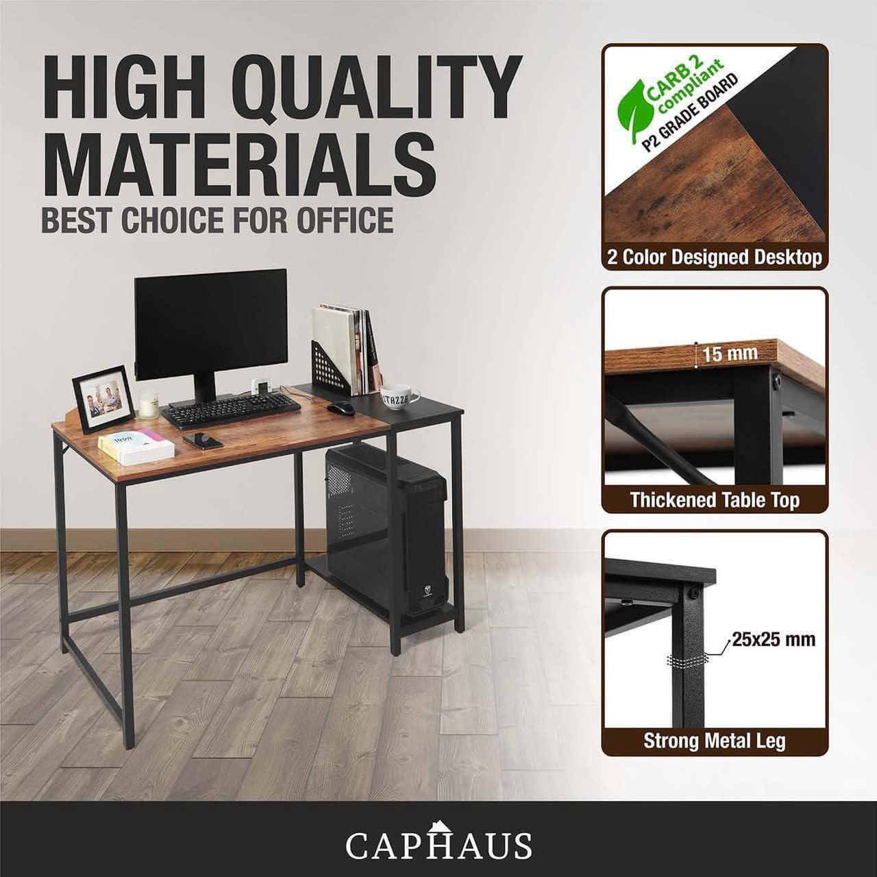 Alt view image 5 of 7 - CAPHAUS Computer Desk, 47 Inch Home Office Desk, Study Writing Desk with 2-Tier Storage Shelves, Simple Industrial Modern Laptop Workstation with Splice P2 Grade Wooden Board, Rustic Oak and Black