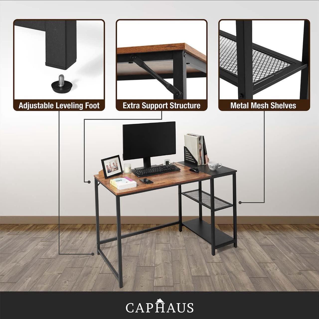 Alt view image 6 of 7 - CAPHAUS Computer Desk, 47 Inch Home Office Desk, Study Writing Desk with 2-Tier Storage Shelves, Simple Industrial Modern Laptop Workstation with Splice P2 Grade Wooden Board, Rustic Oak and Black
