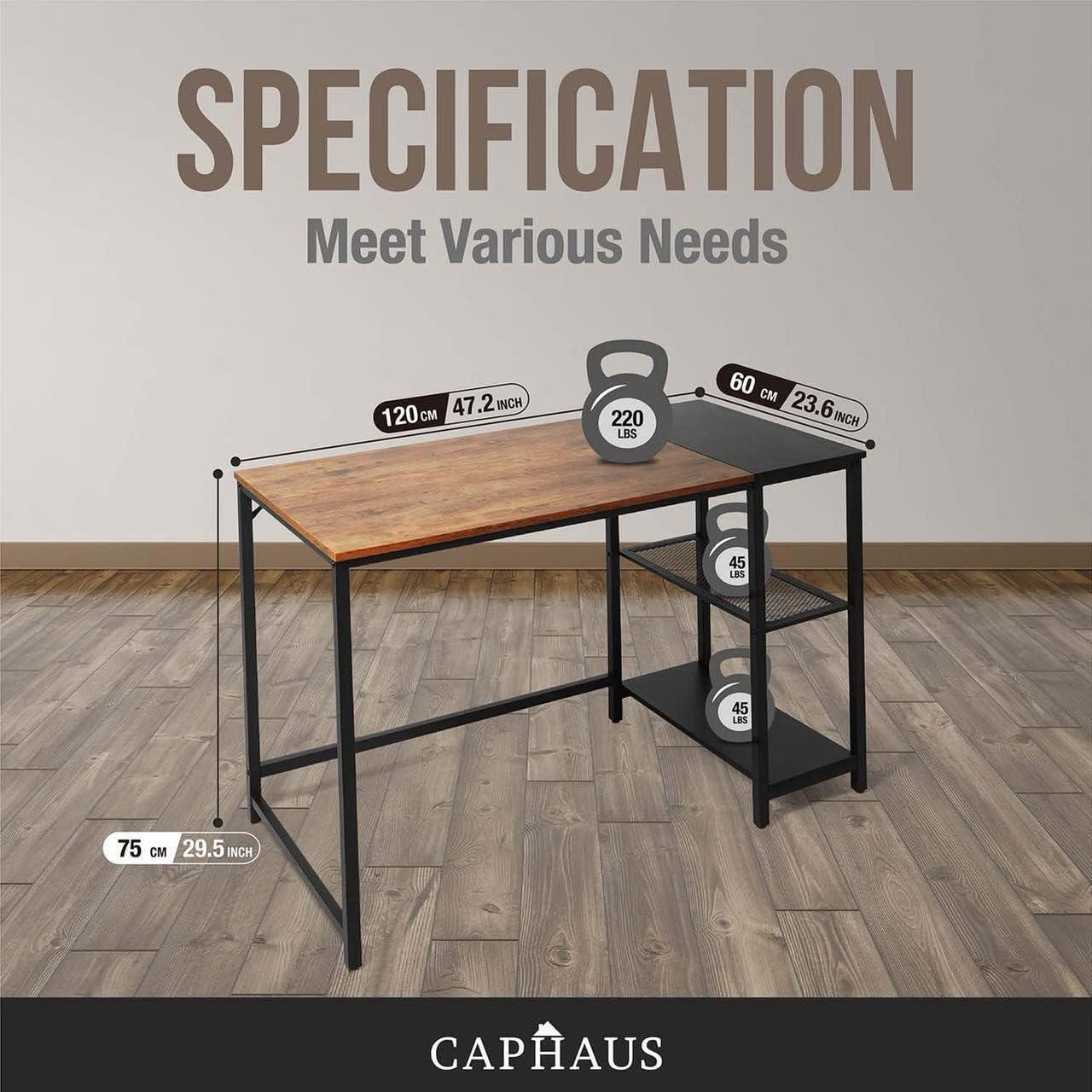 Alt view image 3 of 7 - CAPHAUS Computer Desk, 47 Inch Home Office Desk, Study Writing Desk with 2-Tier Storage Shelves, Simple Industrial Modern Laptop Workstation with Splice P2 Grade Wooden Board, Rustic Oak and Black