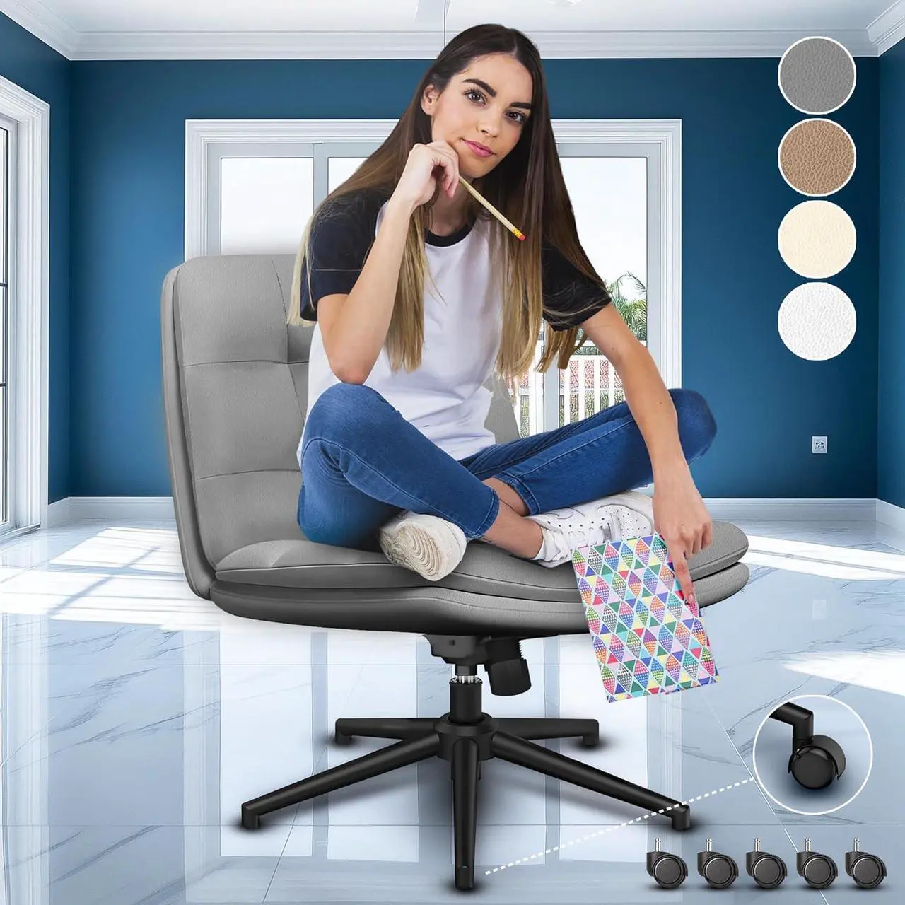 Main image of Criss Cross Desk Chair for Cross Legged Sitting, Easy to Assemble Criss Cross Chair with Wheels - Premium Detachable Wheel and Swivel Design,Cozy Grey Ergonomic Office Chair with Wide Comfy Seating