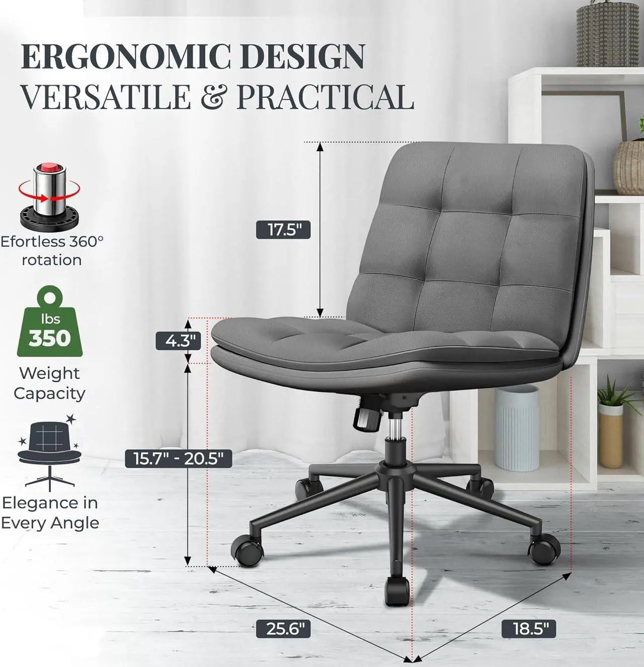 Alt view image 2 of 7 - Criss Cross Desk Chair for Cross Legged Sitting, Easy to Assemble Criss Cross Chair with Wheels - Premium Detachable Wheel and Swivel Design,Cozy Grey Ergonomic Office Chair with Wide Comfy Seating