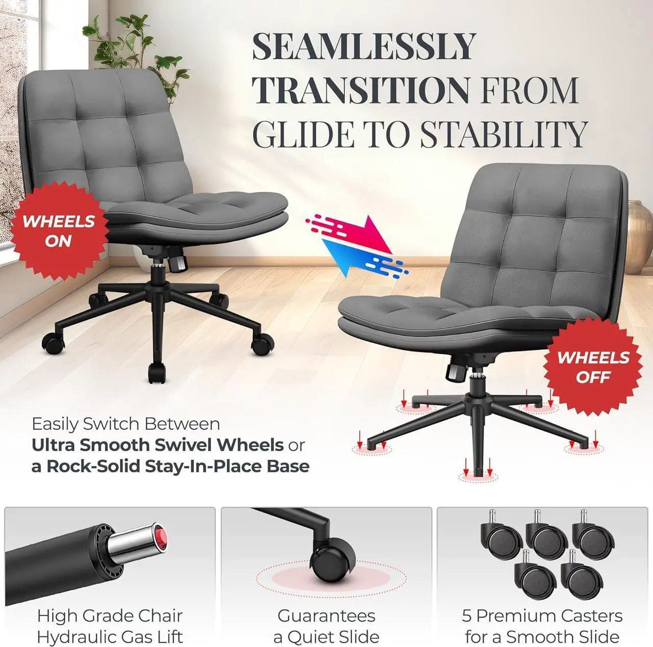 Alt view image 4 of 7 - Criss Cross Desk Chair for Cross Legged Sitting, Easy to Assemble Criss Cross Chair with Wheels - Premium Detachable Wheel and Swivel Design,Cozy Grey Ergonomic Office Chair with Wide Comfy Seating
