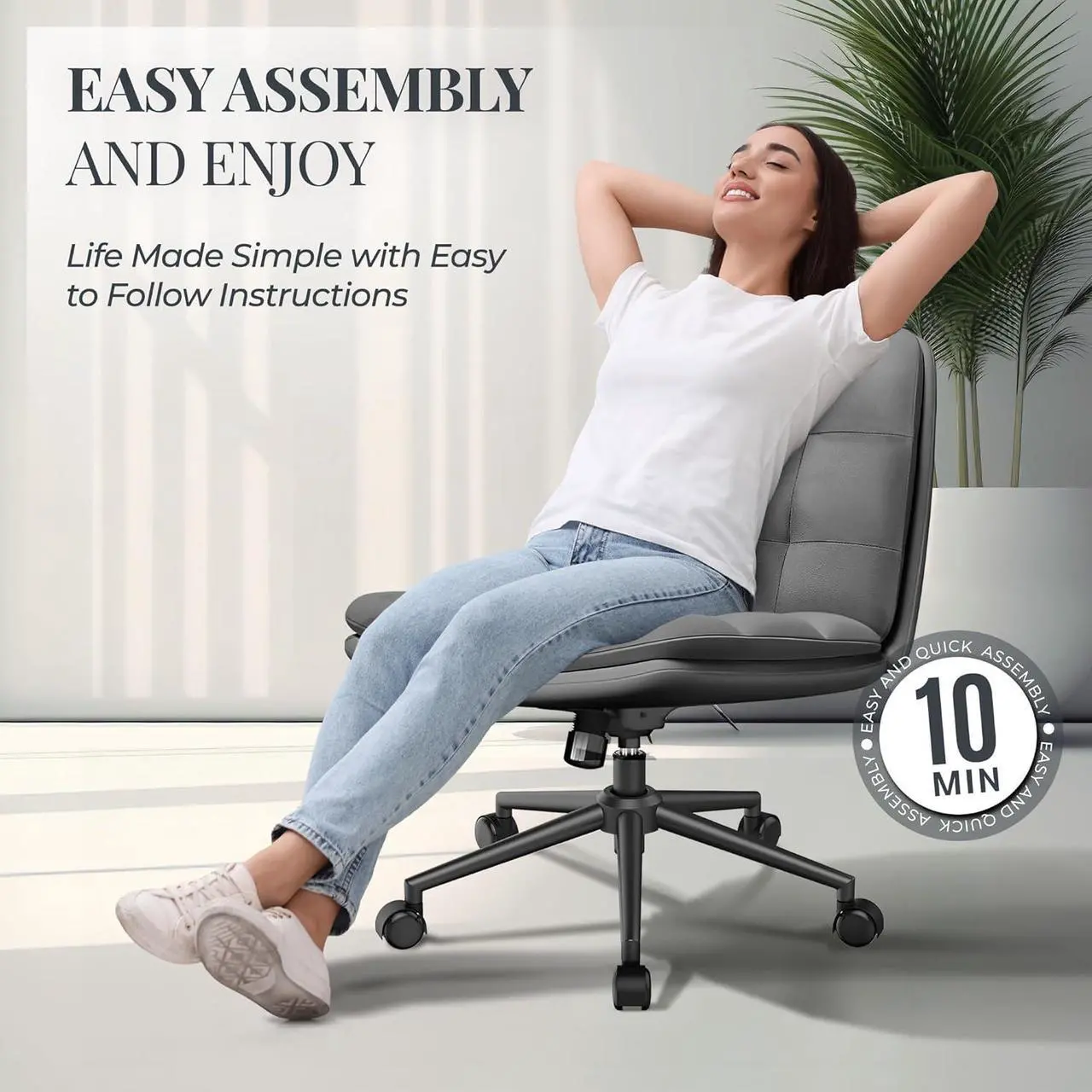 Alt view image 5 of 7 - Criss Cross Desk Chair for Cross Legged Sitting, Easy to Assemble Criss Cross Chair with Wheels - Premium Detachable Wheel and Swivel Design,Cozy Grey Ergonomic Office Chair with Wide Comfy Seating