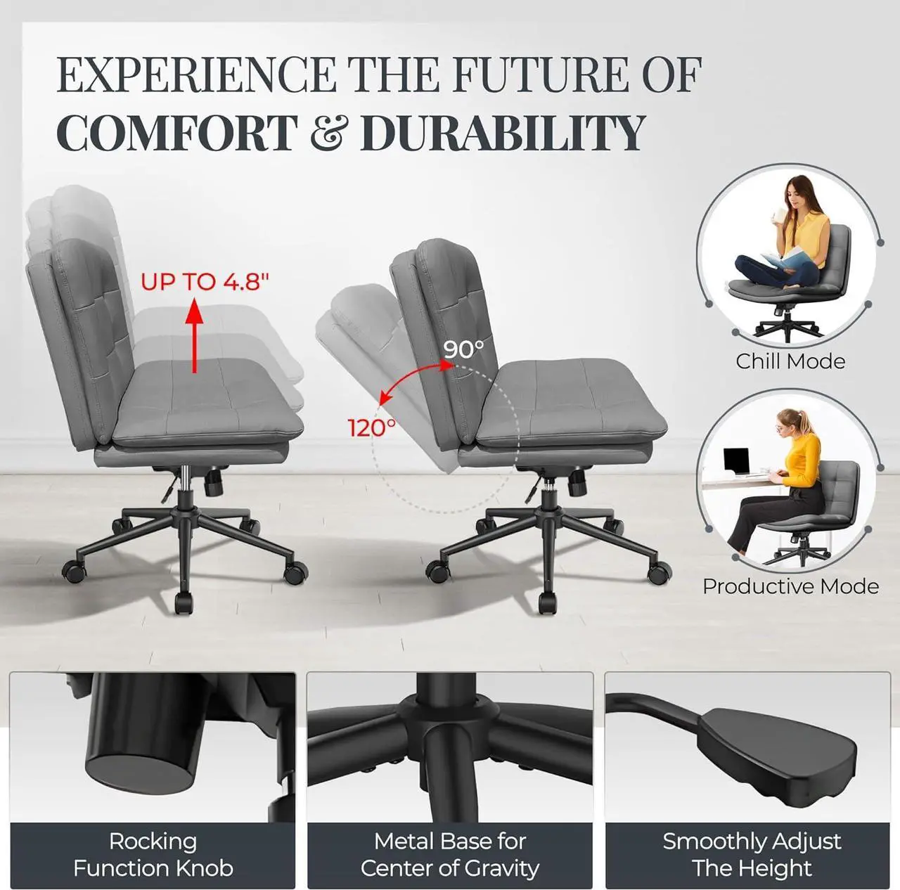 Alt view image 6 of 7 - Criss Cross Desk Chair for Cross Legged Sitting, Easy to Assemble Criss Cross Chair with Wheels - Premium Detachable Wheel and Swivel Design,Cozy Grey Ergonomic Office Chair with Wide Comfy Seating