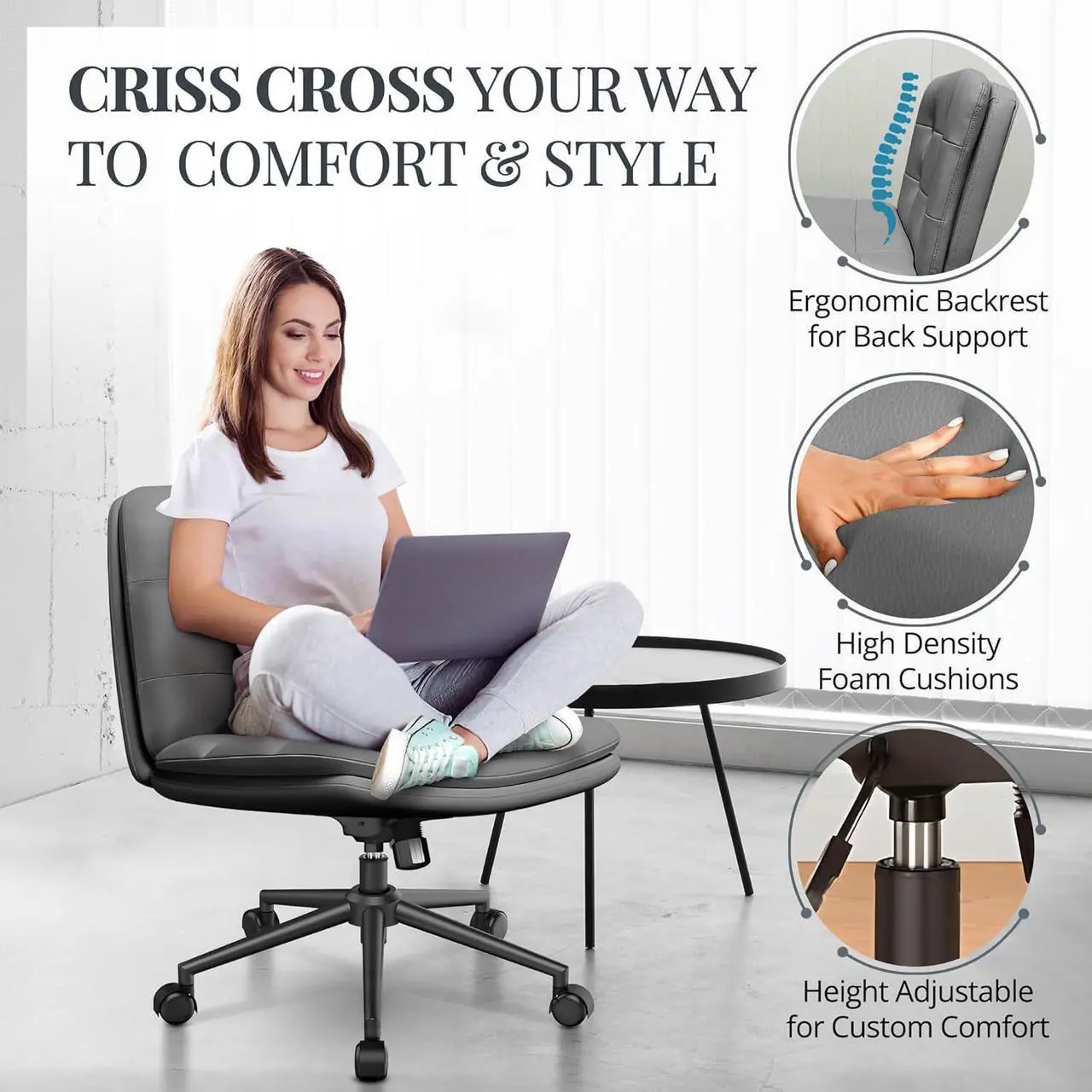 Alt view image 3 of 7 - Criss Cross Desk Chair for Cross Legged Sitting, Easy to Assemble Criss Cross Chair with Wheels - Premium Detachable Wheel and Swivel Design,Cozy Grey Ergonomic Office Chair with Wide Comfy Seating