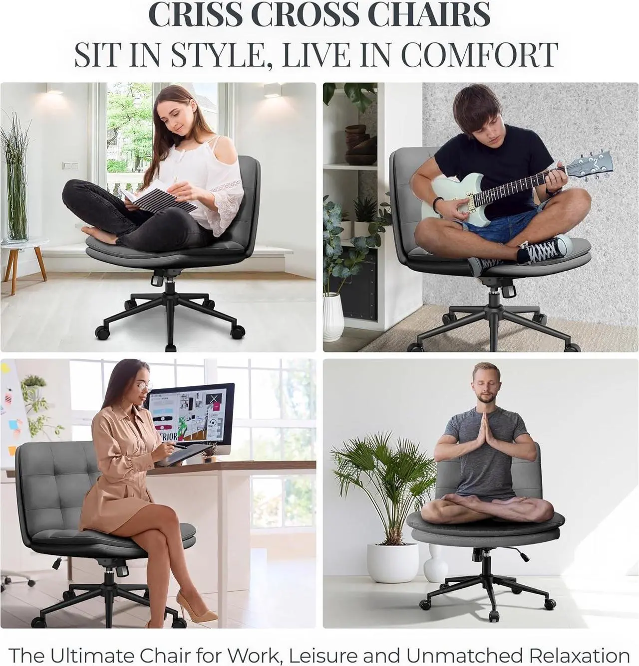 Alt view image 7 of 7 - Criss Cross Desk Chair for Cross Legged Sitting, Easy to Assemble Criss Cross Chair with Wheels - Premium Detachable Wheel and Swivel Design,Cozy Grey Ergonomic Office Chair with Wide Comfy Seating
