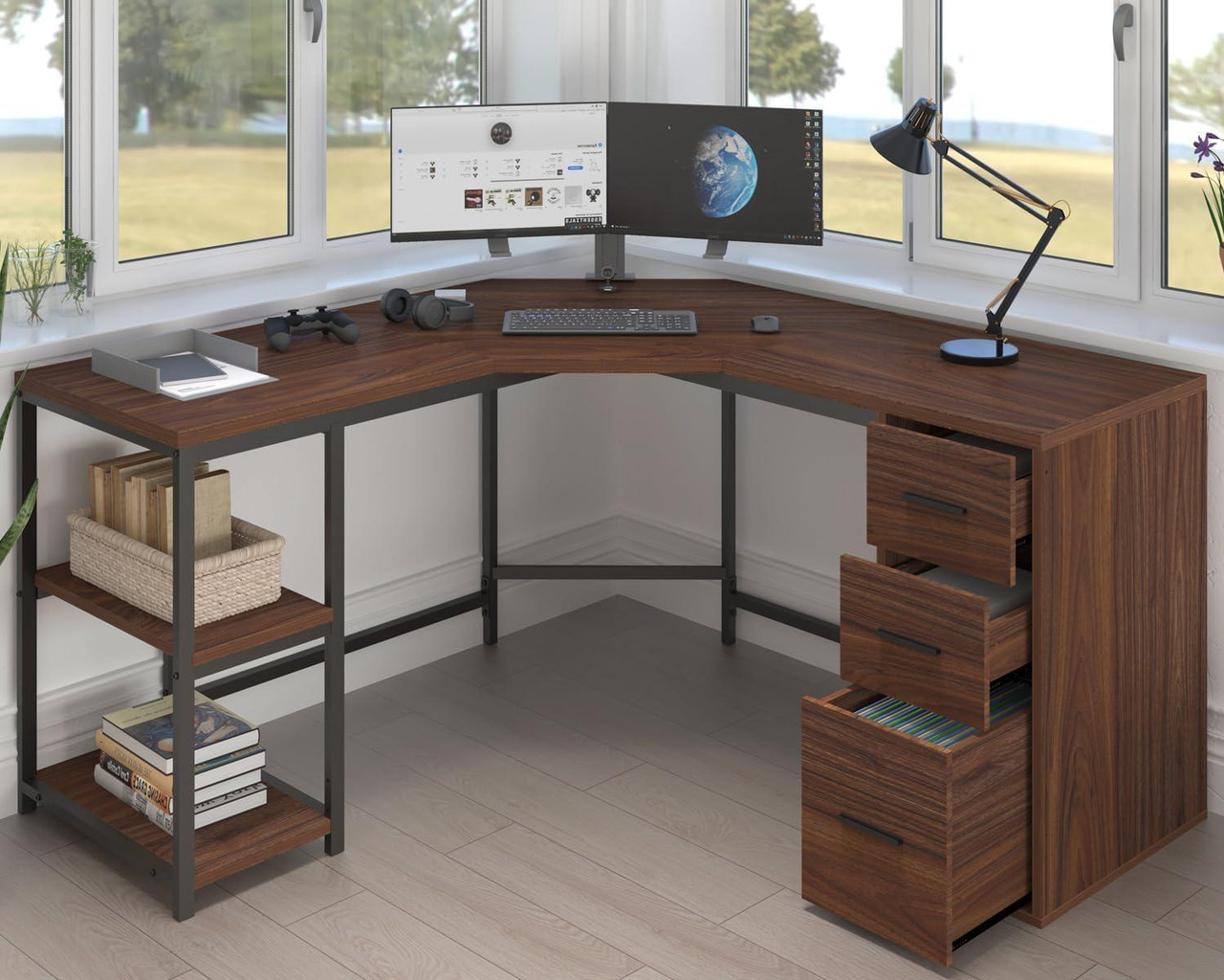 LVB Walnut Office Desk with Drawers, Reversible L Shaped Desk with ...