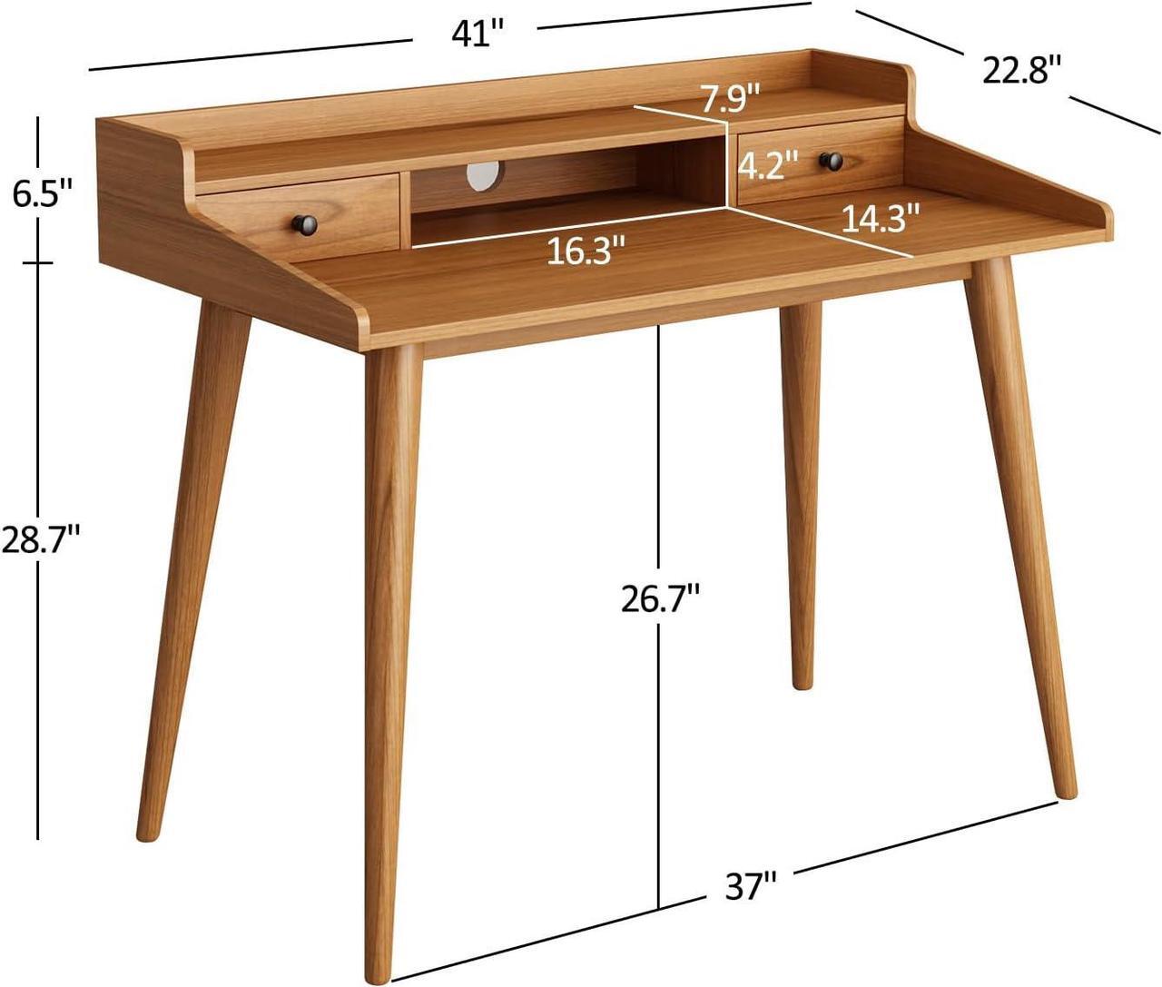 Alt view image 2 of 7 - Mid Century Modern Desk, 41" Wood Home Office Writing Computer or Laptop Desk with Monitor Stand Riser and Open Storage Cubby, Vanity Desk with 2 Drawers