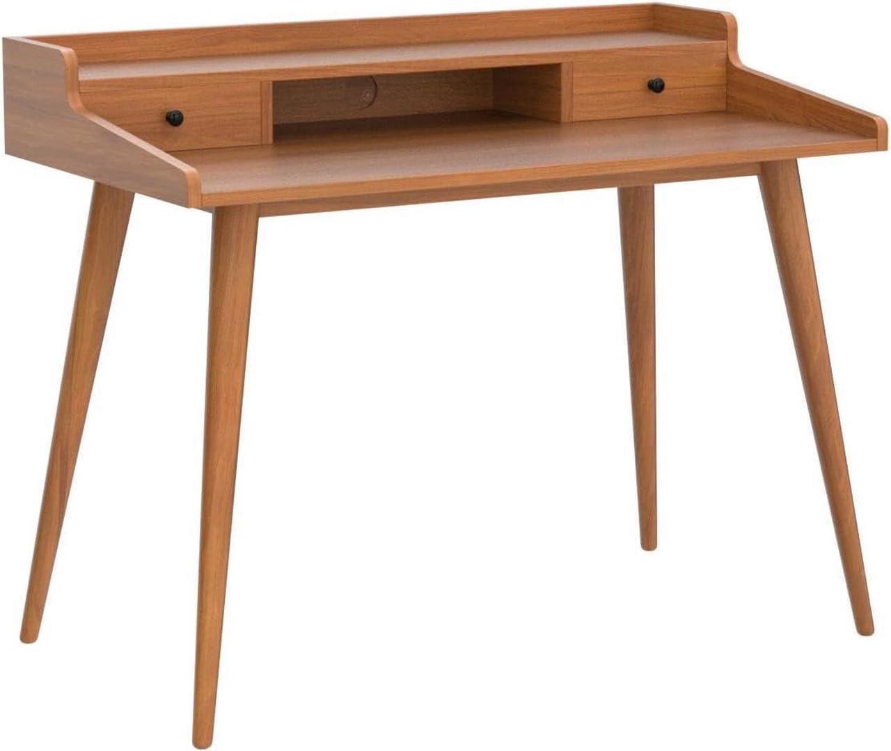 Alt view image 4 of 7 - Mid Century Modern Desk, 41" Wood Home Office Writing Computer or Laptop Desk with Monitor Stand Riser and Open Storage Cubby, Vanity Desk with 2 Drawers