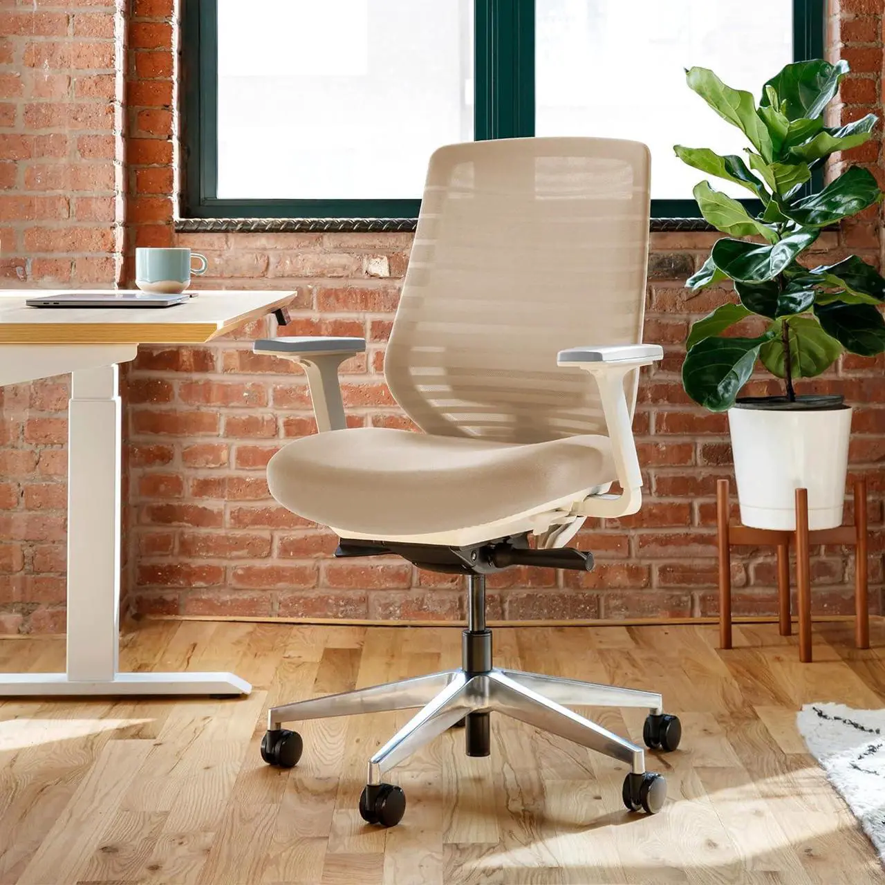 Alt view image 2 of 7 - Branch Ergonomic Chair - A Versatile Desk Chair with Adjustable Lumbar Support, Breathable Mesh Backrest, and Smooth Wheels - Experience Optimal Comfort and Support - Sand - White