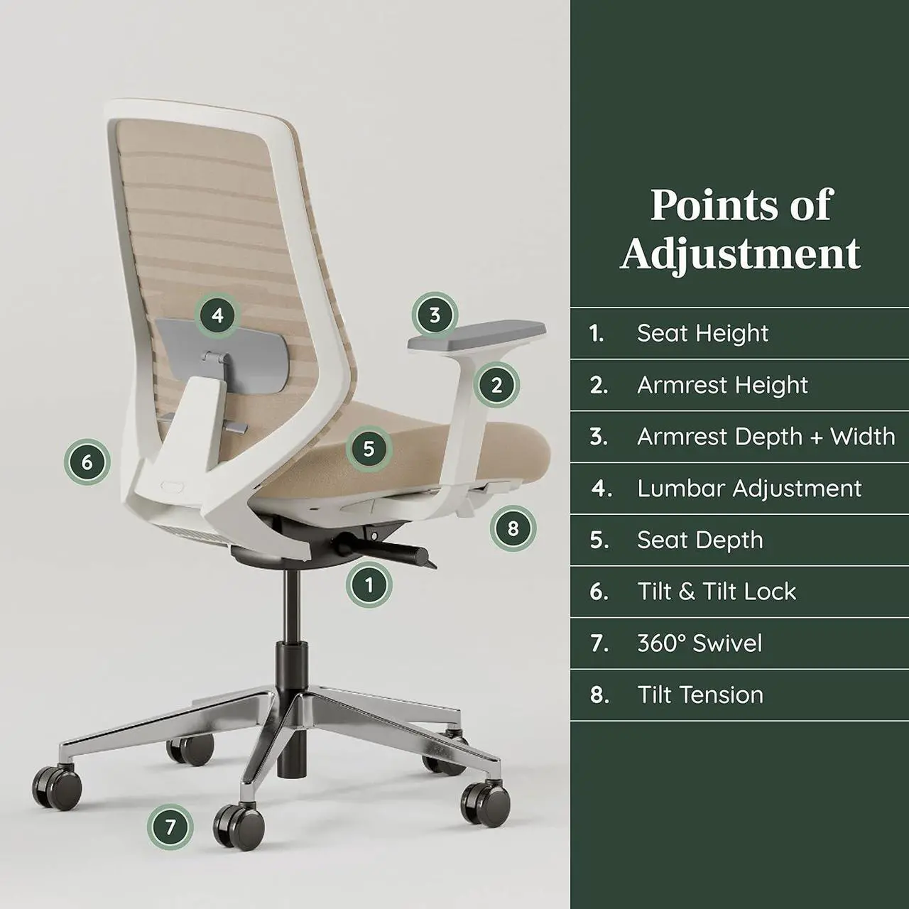 Alt view image 5 of 7 - Branch Ergonomic Chair - A Versatile Desk Chair with Adjustable Lumbar Support, Breathable Mesh Backrest, and Smooth Wheels - Experience Optimal Comfort and Support - Sand - White