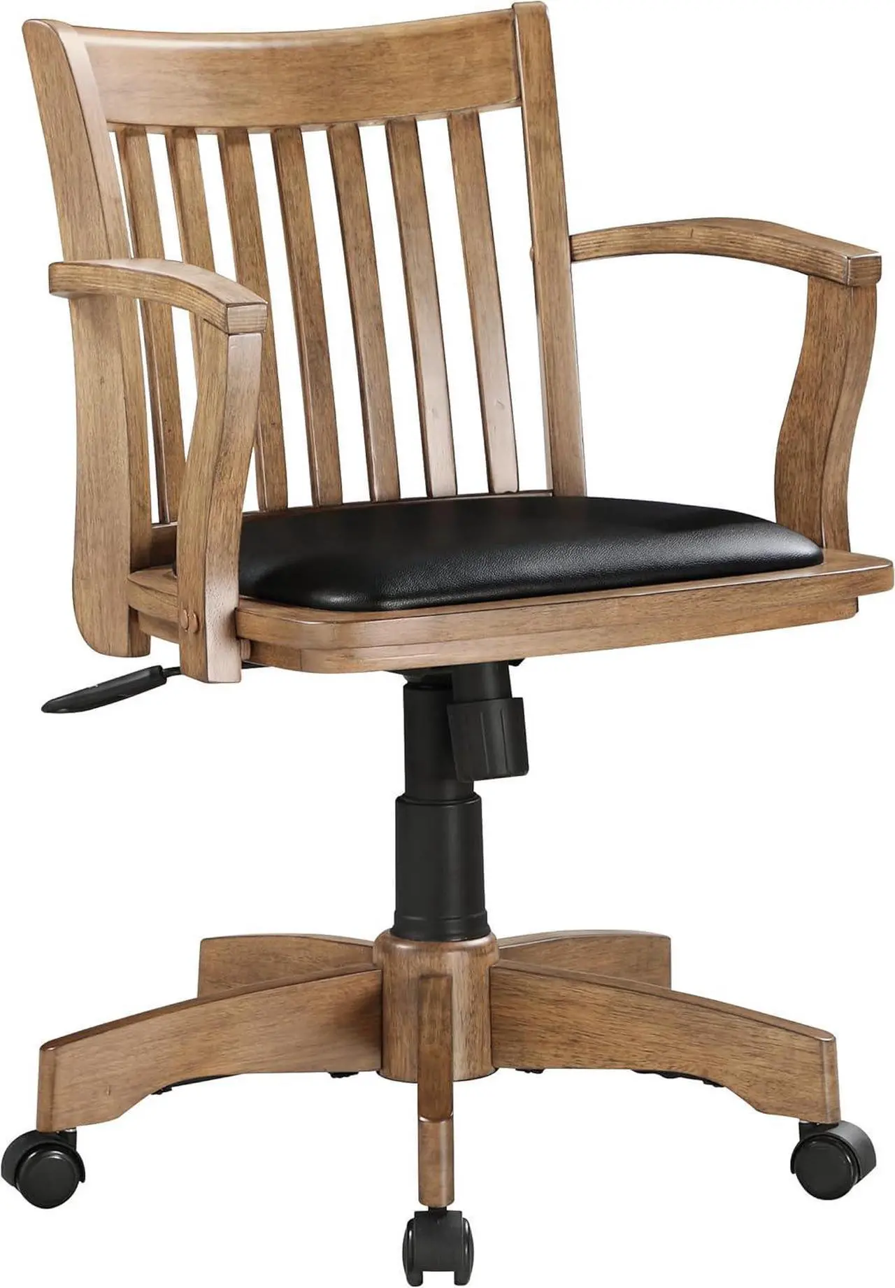 Main image of OSP Home Furnishings Deluxe Wood Banker's Desk Chair with Padded Seat, Adjustable Height and Locking Tilt, Fruitwood Finish and Black Vinyl