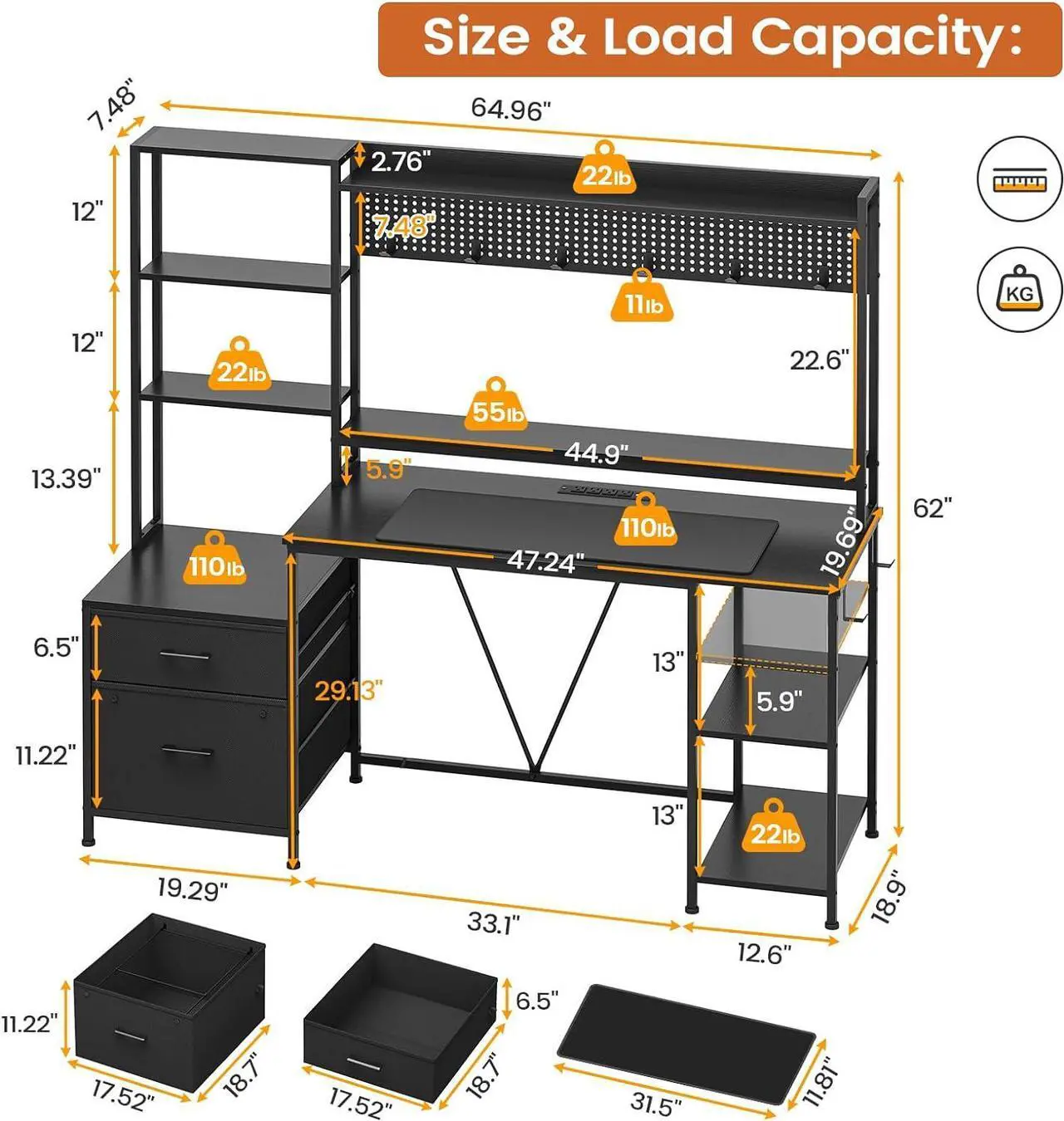 Alt view image 2 of 7 - Gaming Desk with Hutch, 65in Reversible Computer Desk with Power Outlets LED Light, Home Office Desk with Monitor Stand 2 Drawers 4 Storage Shelves Pegboard 8 Hooks Mouse Pad (Black)