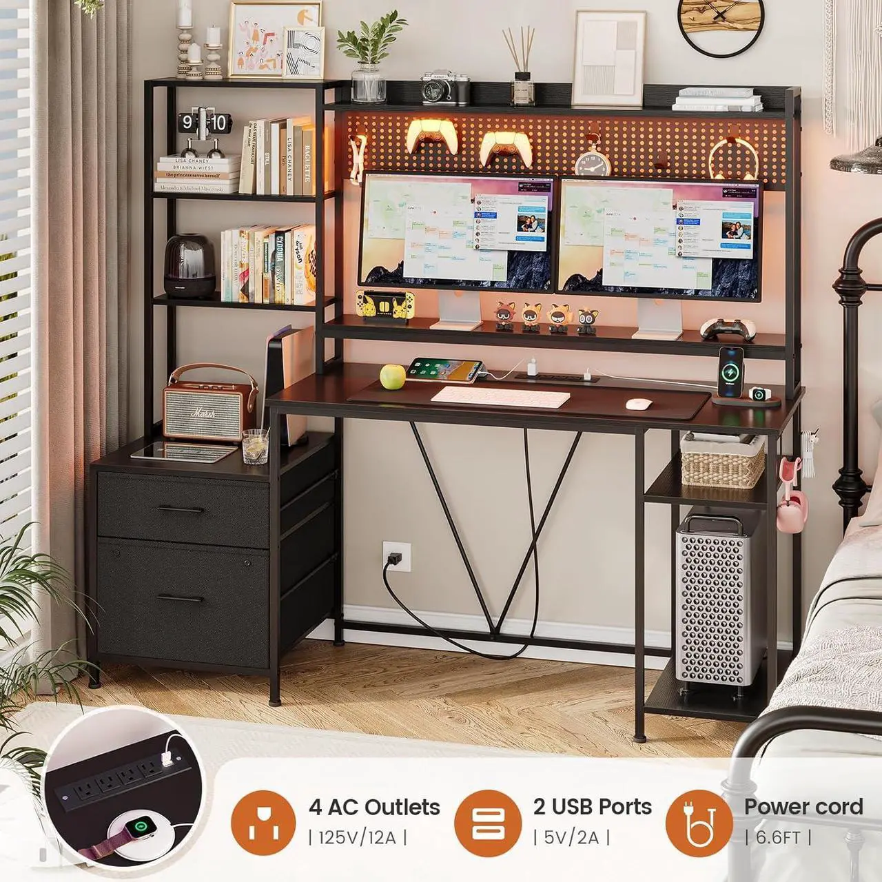 Alt view image 3 of 7 - Gaming Desk with Hutch, 65in Reversible Computer Desk with Power Outlets LED Light, Home Office Desk with Monitor Stand 2 Drawers 4 Storage Shelves Pegboard 8 Hooks Mouse Pad (Black)