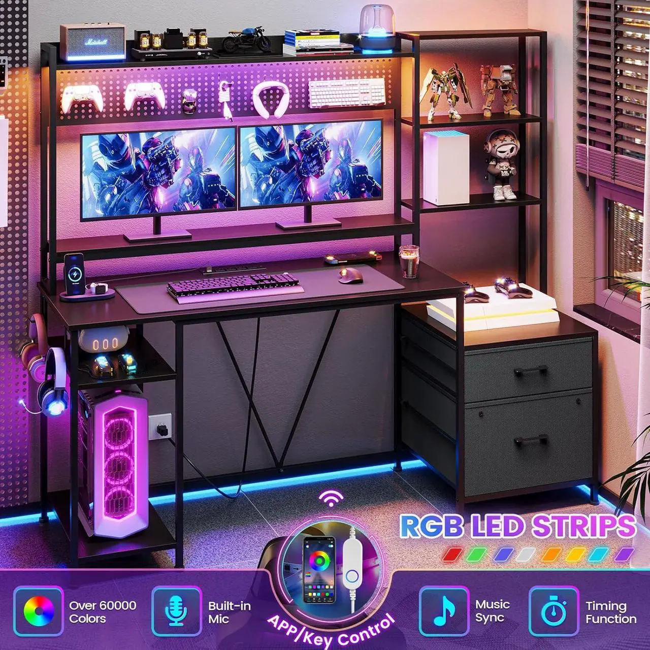 Alt view image 4 of 7 - Gaming Desk with Hutch, 65in Reversible Computer Desk with Power Outlets LED Light, Home Office Desk with Monitor Stand 2 Drawers 4 Storage Shelves Pegboard 8 Hooks Mouse Pad (Black)